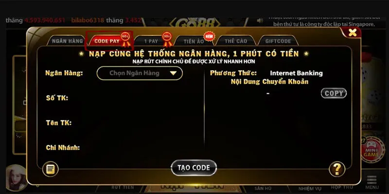 Cách Nạp Tiền Go88 Tham Gia Cá Cược Nhanh Chóng Cách nạp tiền Go88 qua Code Pay